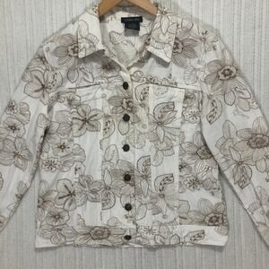 Cynthia Max Floral Embroidered Jean Jacket Button Up Lightweight‎ S